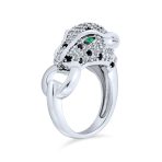 Green Eye Cubic Zirconia Cocktail Statement Ring Silver-Plated Panther Design