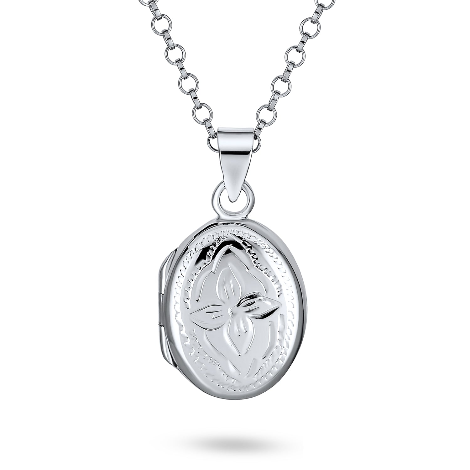 silver-locket-flower-design-oval-necklace-pmr-l10293-21_1 Danity Vintage Style .925 Silver Oval Shape Photo Lockets Pendant Necklace - Image 1