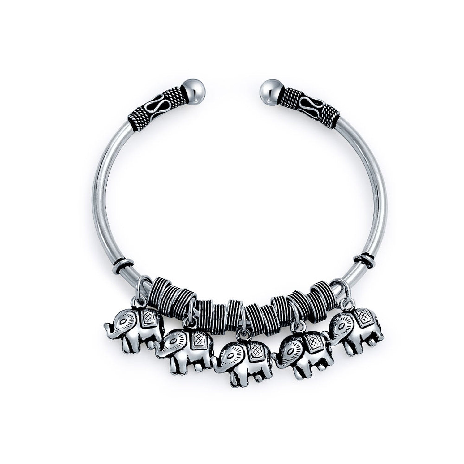 silver-lucky-elephant-charms-bracelet_sstr-b10001-az_2 Bali Style Elephant Bangle Bracelet 5 Charms Antiqued Silver - Image 1