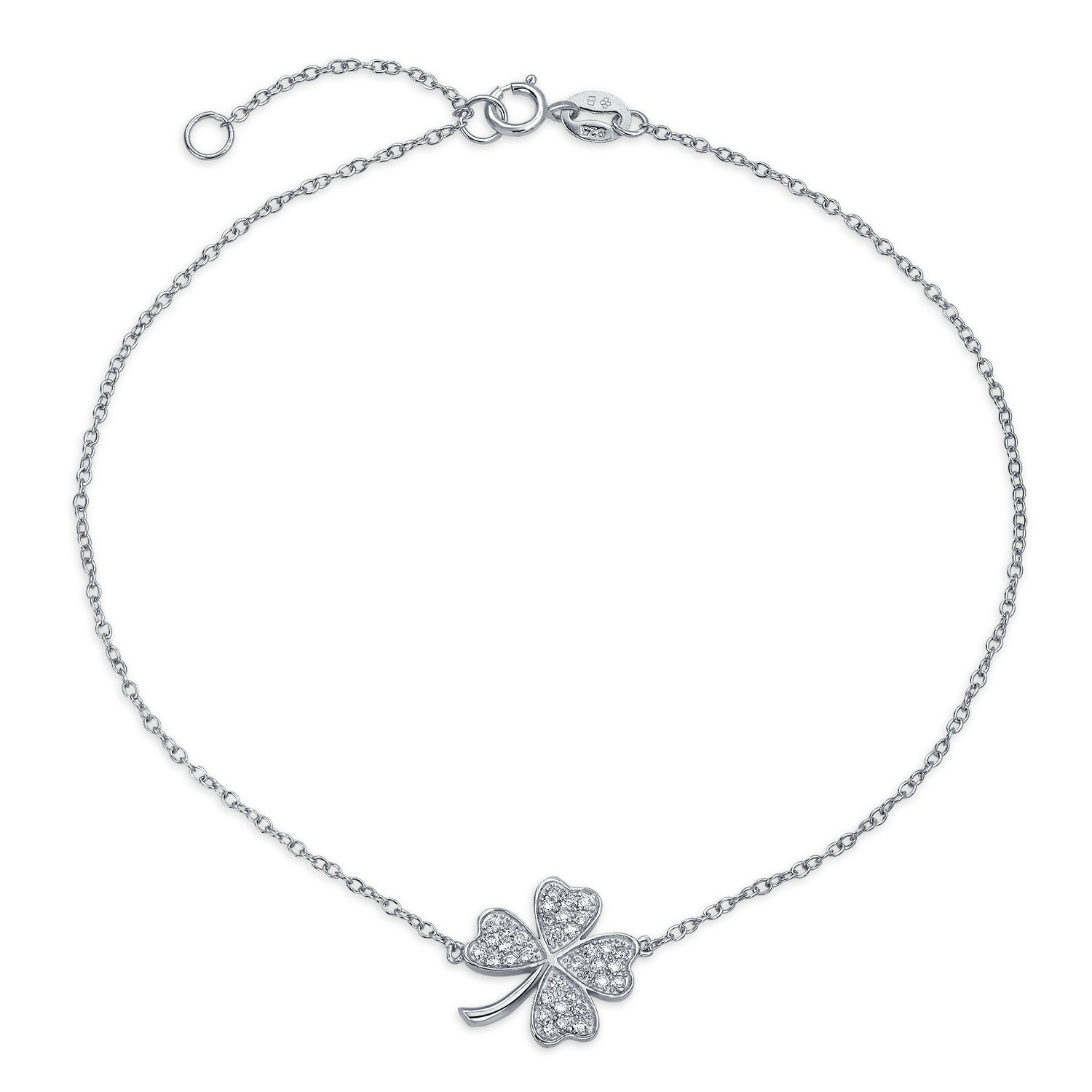 silver-lucky-shamrock-ankle-bracelet_pfs-54-0521-az_1 Cubic Zirconia CZ Four Leaf Clover Anklet Ankle Bracelet Gold Plated - Image 1