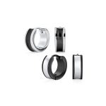Set of 2 Two Tone Striped Black Enamel Huggie Hoop Earrings Stainless Steel