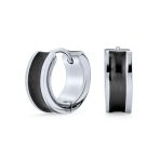 Unisex Two Tone Striped Black Enamel Huggies Mini Hoop Earrings Stainless Steel