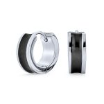 Unisex Two Tone Striped Black Enamel Huggies Mini Hoop Earrings Stainless Steel