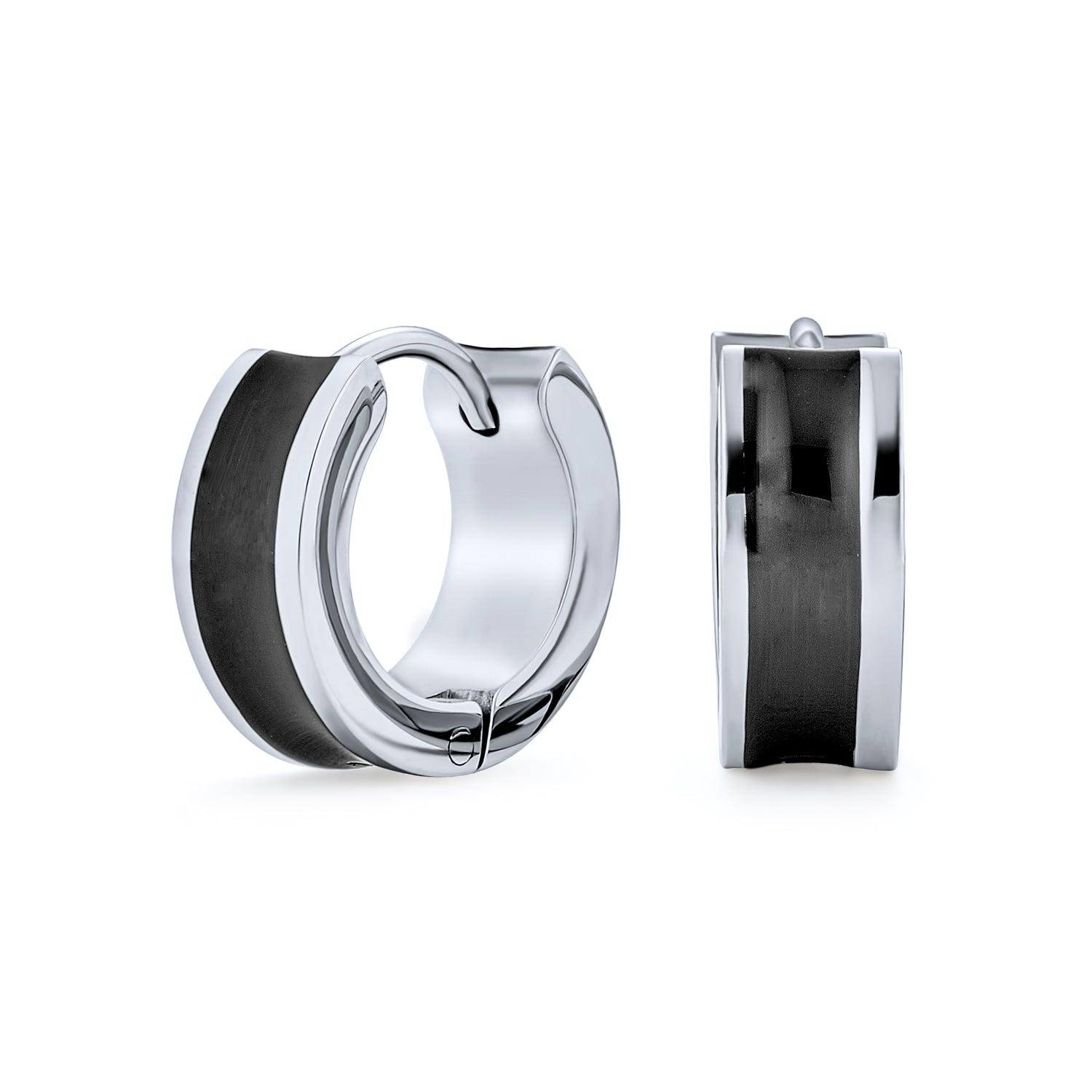 silver-men-stainless-steel-huggie-black-earring_1 Unisex Two Tone Striped Black Enamel Huggies Mini Hoop Earrings Stainless Steel - Image 1
