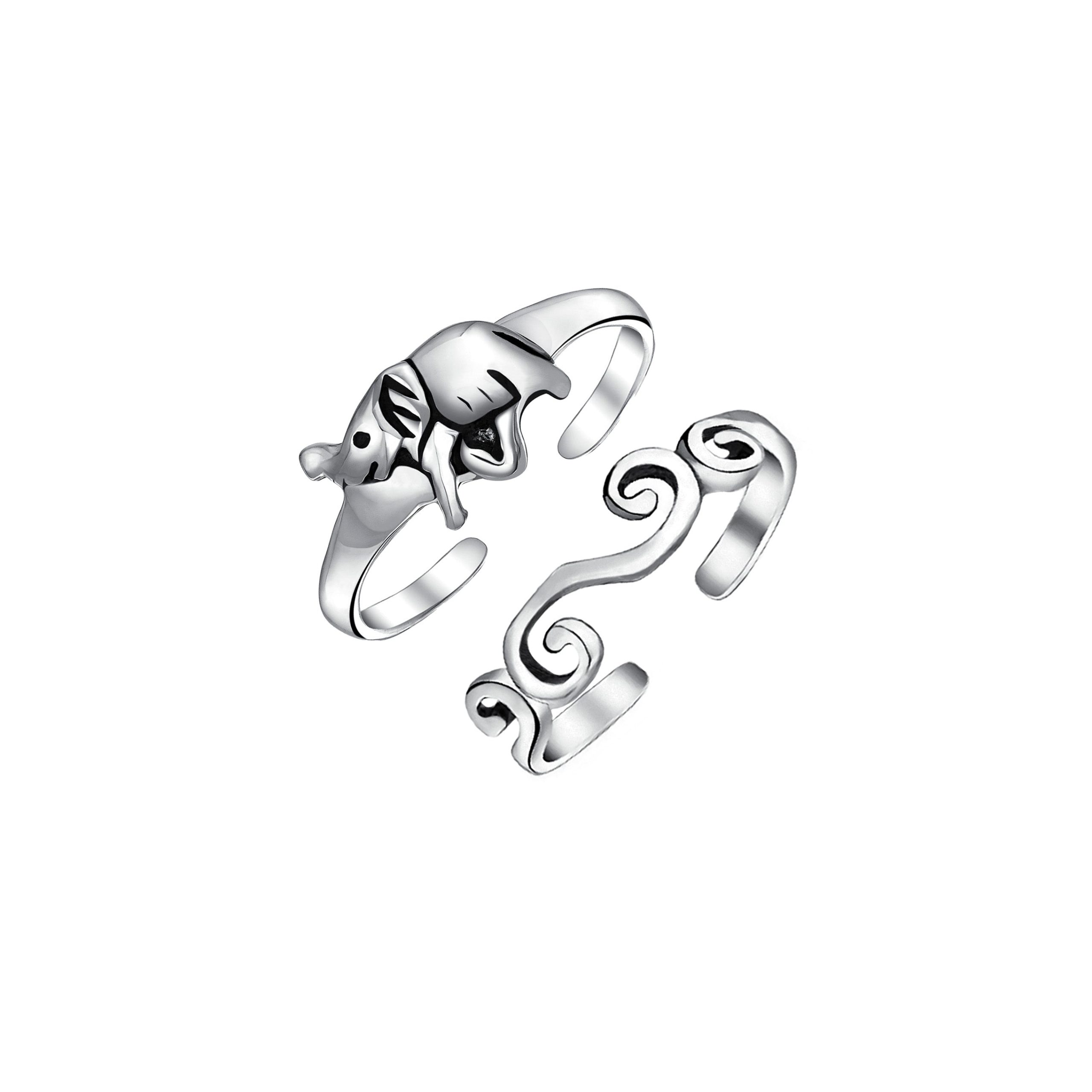 silver-midi-toe-ring-adjustable-elephant-set-pmr-r11676-set-az Set of 2 Elephant & Spiral Celtic Swirl Midi Toe Ring Oxidized Sterling Silver - Image 1
