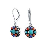 Native American Style Multi Color Round Lapis Turquoise Drop Earrings Silver