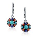 Native American Style Multi Color Round Lapis Turquoise Drop Earrings Silver - Image 2