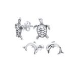 Set of 2 Hawaiian Sea Tortoise Turtle Dolphins Stud Earrings Sterling Silver