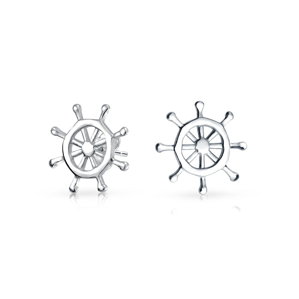 silver-nautical-ships_wheel-earrings_appl-je-1205129-az_1 Nautical Ship Wheel Stud Earrings in Sterling Silver, Small Tropical Design - Image 1