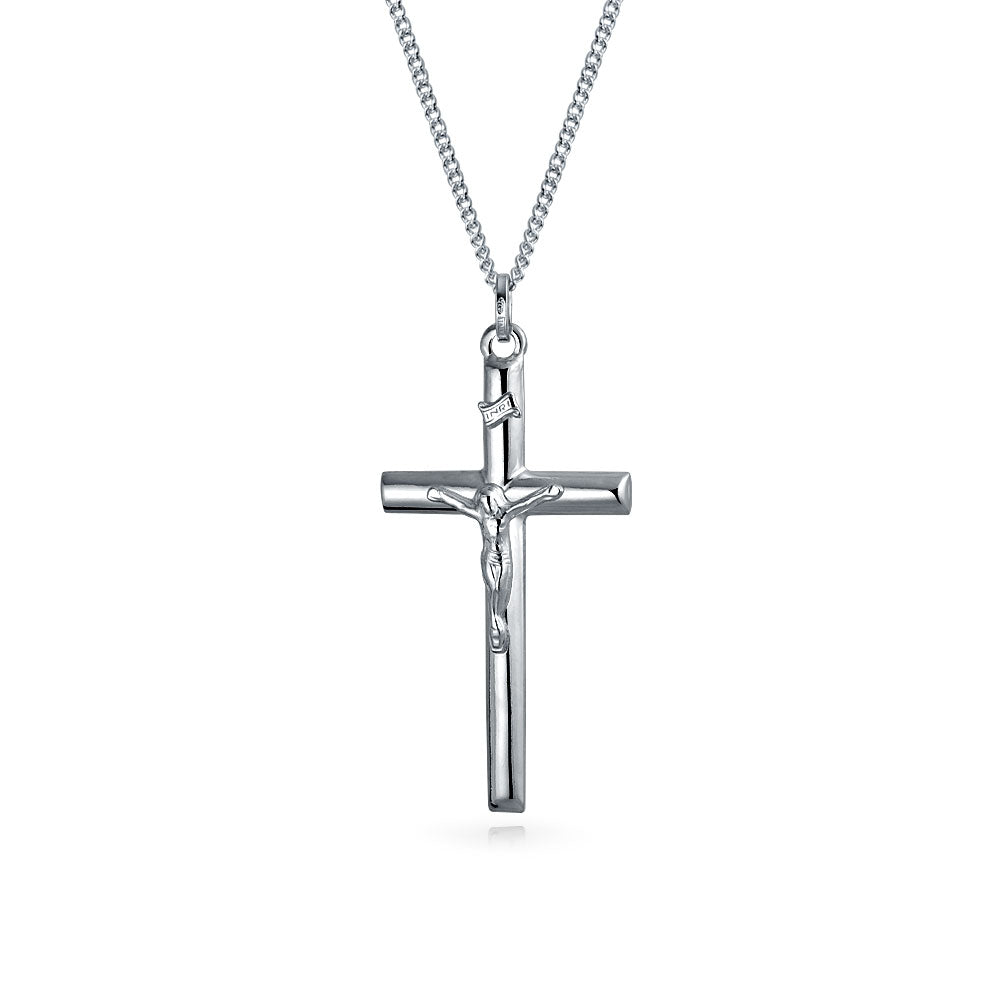 silver-necklace-cross-pendant-necklace_sstr-p1932 Religious Jesus Crucifix Pendant Necklace 2 Inch Silver - Image 1