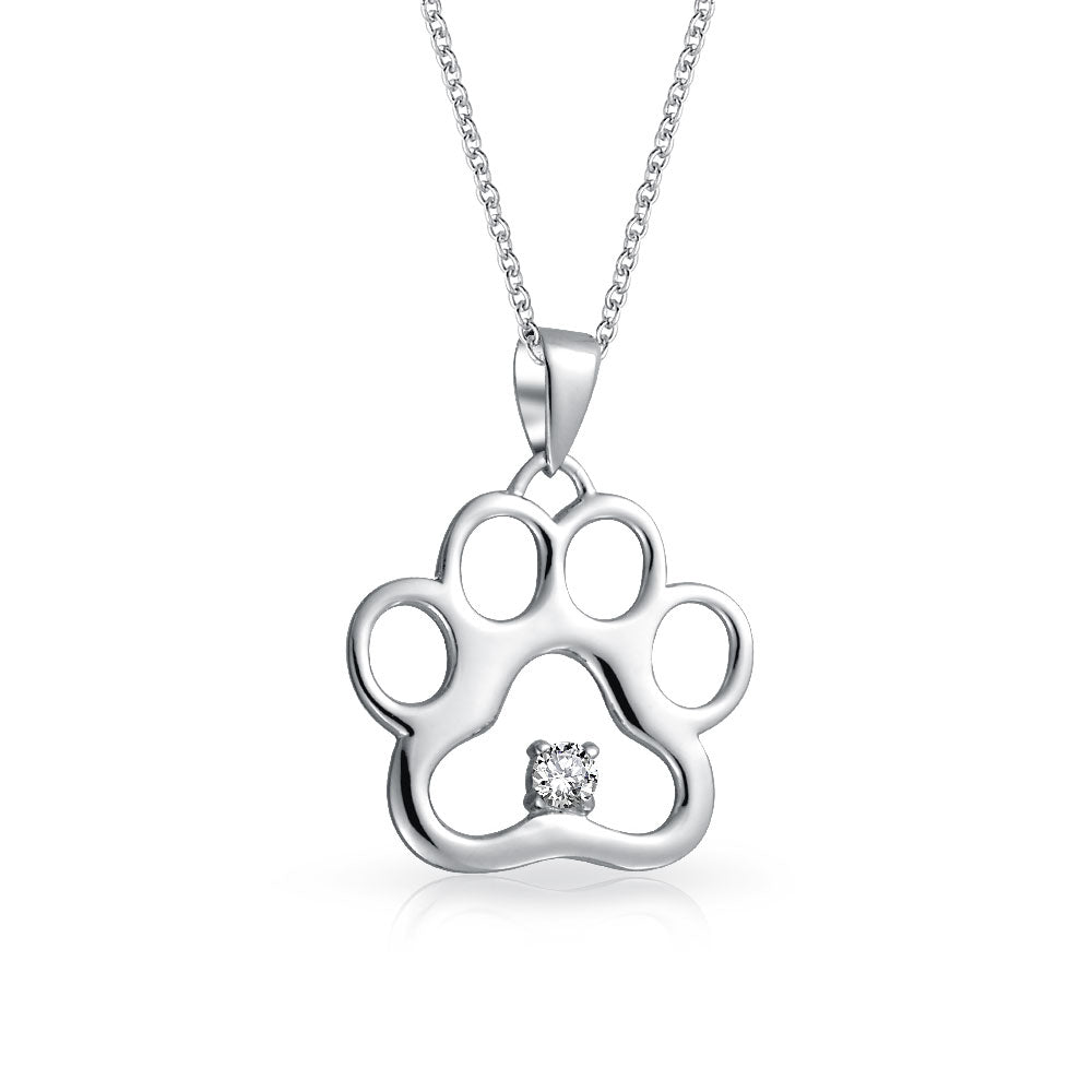 silver-necklace-dog-paw-cz_hsh-hsp03104 Sterling Silver CZ Accent Paw Print Pendant Necklace for Cat and Dog Lovers - Image 1