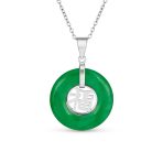 Asian Good Fortune Fu Symbol Green Jade Disc Pendant Necklace Gold Plated .925 Sterling Silver