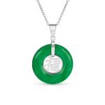 Asian Good Fortune Fu Symbol Green Jade Disc Pendant Necklace Gold Plated .925 Sterling Silver