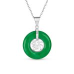Asian Good Fortune Fu Symbol Green Jade Disc Pendant Necklace Gold Plated .925 Sterling Silver - Image 3