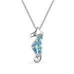 Sea Creature Nautical Created Blue Opal Seahorse Pendant Necklace .925 Sterling Silver