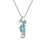 Sea Creature Nautical Created Blue Opal Seahorse Pendant Necklace .925 Sterling Silver