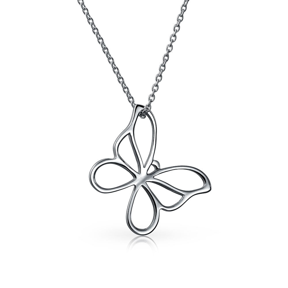 silver-necklace-open-butterfly_pk-8224 Butterfly Pendant Necklace Dainty Open Cut Out Garden Design Dangling Chain .925 Sterling Silver Gift - Image 1