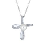 Bridal Necklace Sterling Silver Infinity Cross Simulated White Pearl Pendant