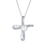 Simulated White Pearl Infinity Cross Necklace & Pearl Stud Earrings Jewelry Set Sterling Silver - Image 3