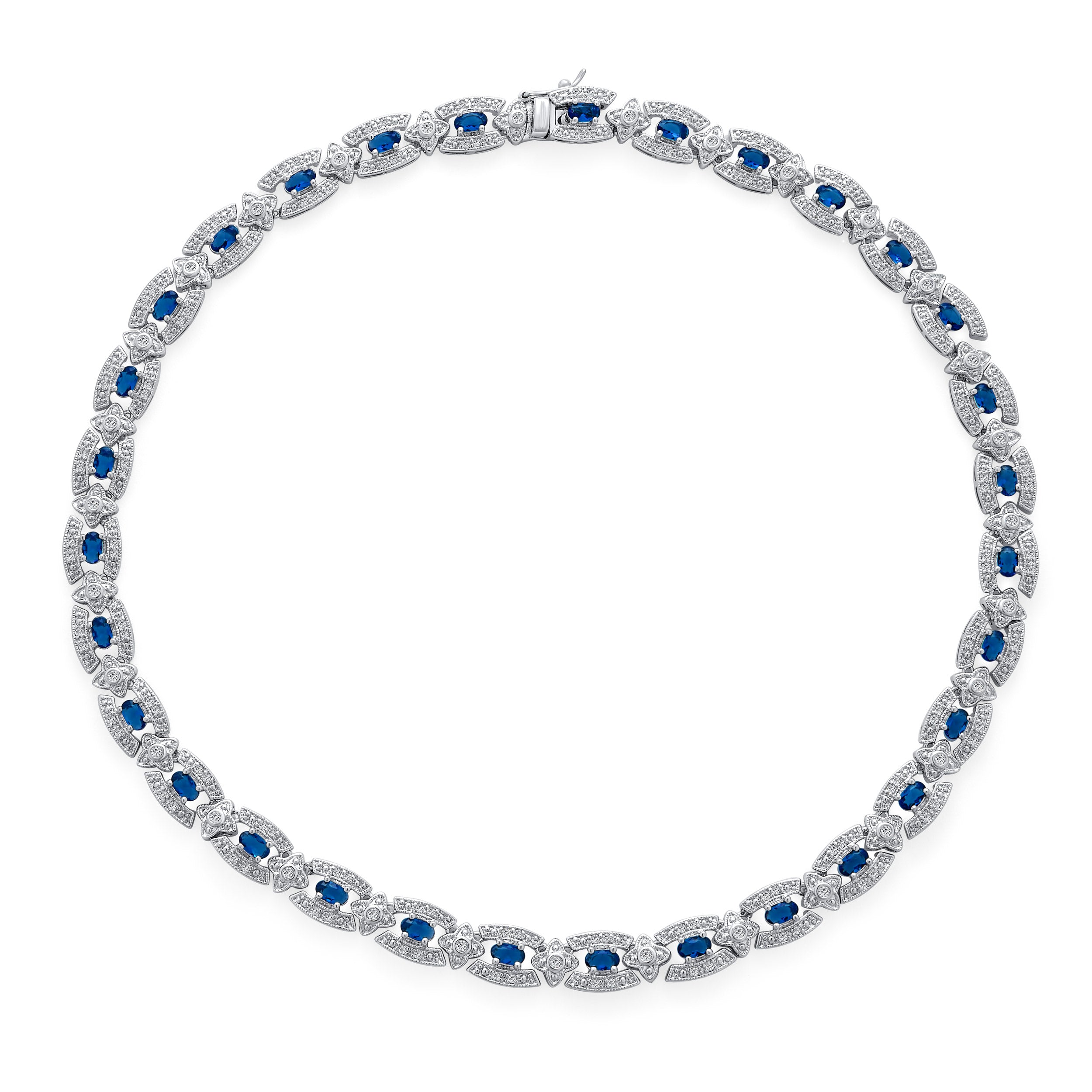 silver-necklace-sapphire-artdeco-cz_lga-tn2345-pli2 Art Deco Style Royal Blue Sapphire CZ Cubic Zirconia Cocktail Statement Collar Necklace - Image 1