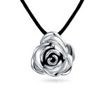 Large Statement Flower Rose Pendant Necklace Black Silk Cord Hollow Oxidized Sterling Silver