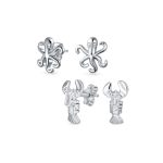 Set of 2 Nautical Ocean Marine Life Lobster and Octopus Stud Earrings Silver