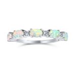 Thin CZ Accent Stackable Oval White Created Opal Band Ring .925 Sterling Silver