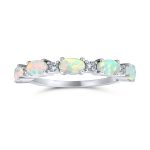Thin CZ Accent Stackable Oval White Created Opal Band Ring .925 Sterling Silver
