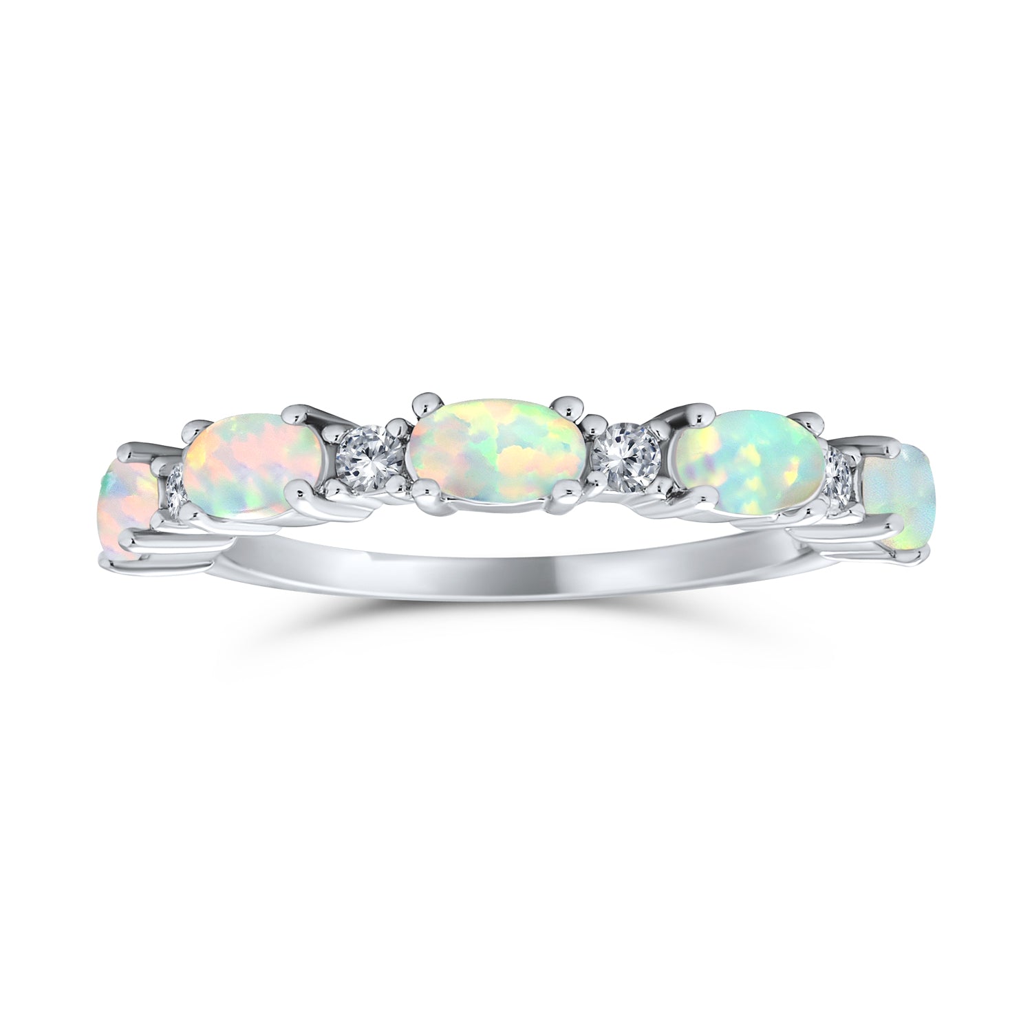 silver-opal-cz-ring-stack-cl-w-7673_2 Thin CZ Accent Stackable Oval White Created Opal Band Ring .925 Sterling Silver - Image 1