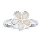 White Created Opal Hawaiian Plumeria Flower Ring .925 Sterling Silver