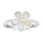 White Created Opal Hawaiian Plumeria Flower Ring .925 Sterling Silver