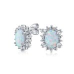 Vintage Estate Style Oval Opal Halo CZ Stud Earrings Sterling Silver 12MM