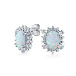 Vintage Estate Style Oval Opal Halo CZ Stud Earrings Sterling Silver 12MM