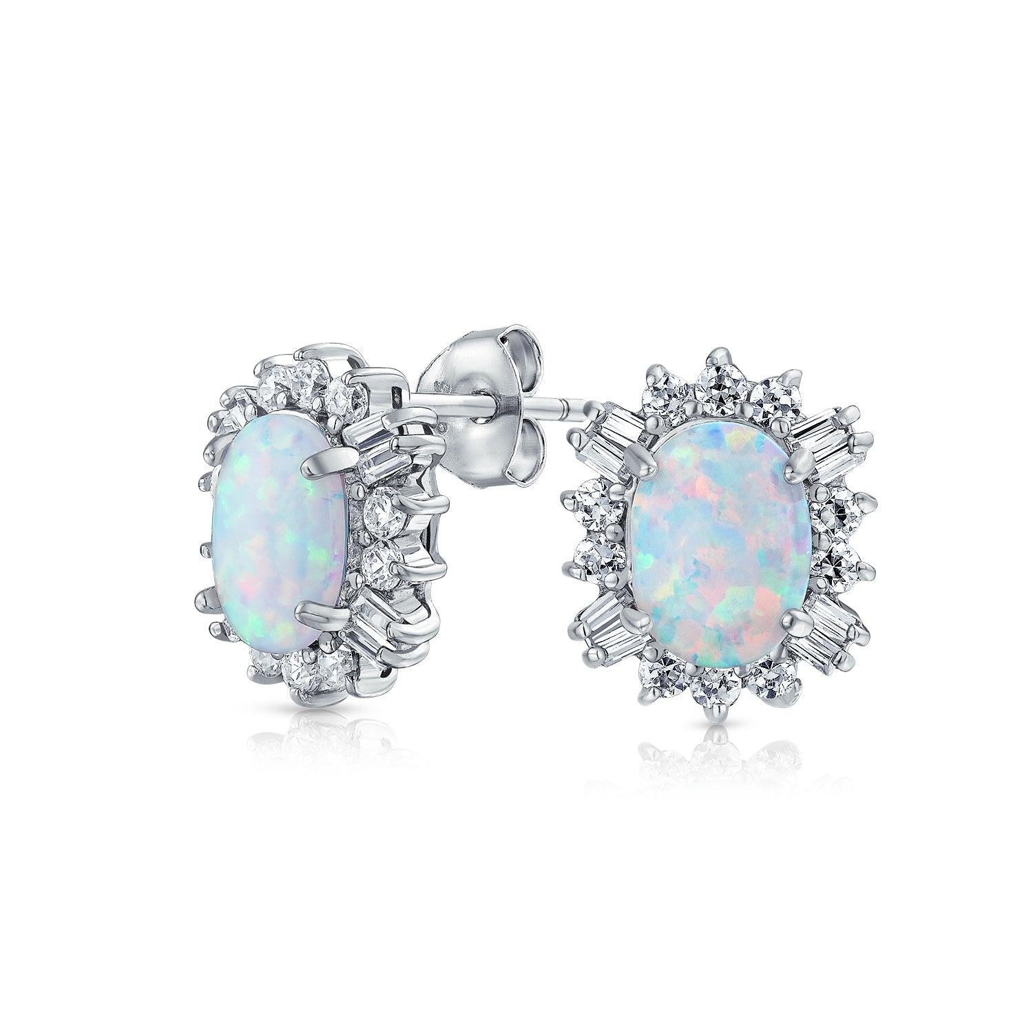 silver-opal-stud-cz-earrings_hsh-hse1141-az_1 Vintage Estate Style Oval Opal Halo CZ Stud Earrings Sterling Silver 12MM - Image 1