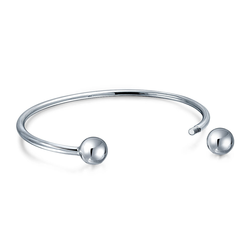 silver-open-cuff-charm-bracelet_sstr-b10002 Bangle Cuff For European Charm & Beads Bracelet .925 Sterling Silver Ball-Screw Tips - Image 1