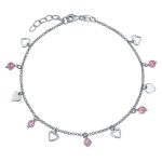 Multi Heart Crystal Pink Anklet Ankle Bracelet Sterling Silver 9-10"