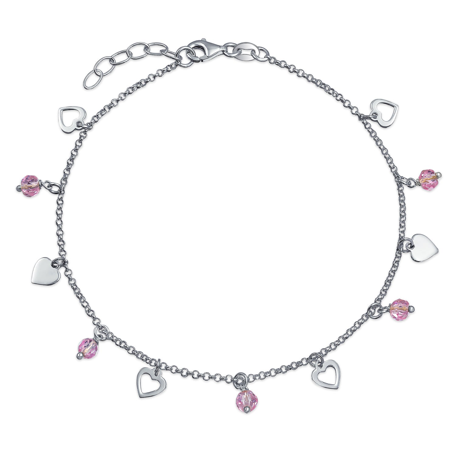 silver-open-heart-crystal-anklet_srn-dj06-6294a-az_1 Multi Heart Crystal Pink Anklet Ankle Bracelet Sterling Silver 9-10" - Image 1