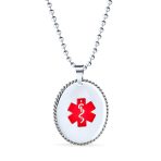 Medical ID Dog Tag Pendant Necklace Oval Rope Edge Stainless