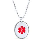 Medical ID Dog Tag Pendant Necklace Oval Rope Edge Stainless