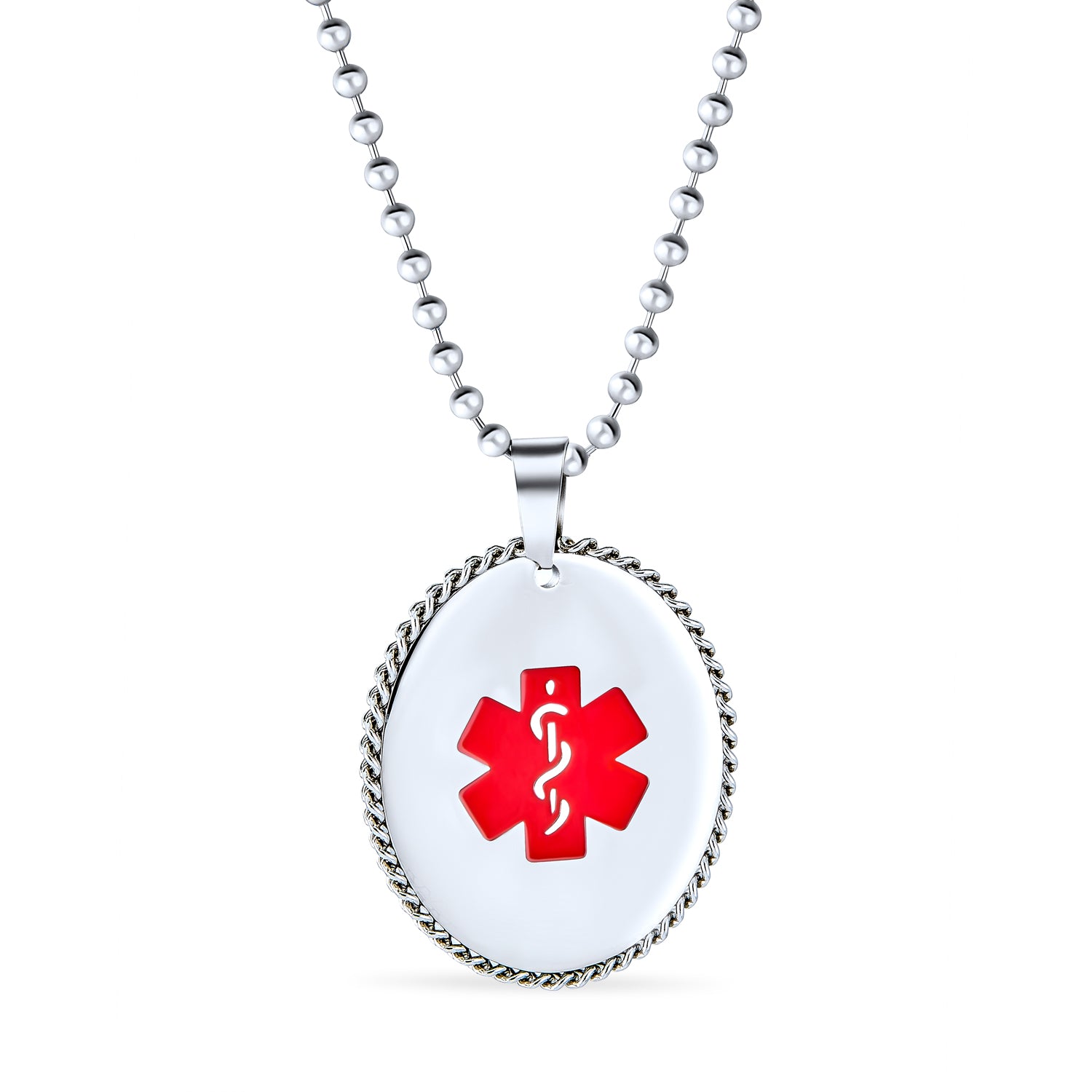 silver-oval-red-medical-id-necklace-sgd-kcoxd1008_1 Medical ID Dog Tag Pendant Necklace Oval Rope Edge Stainless - Image 1