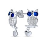 Wise Graduate Owl Stud Earrings Blue Eye Cubic Zirconia CZ with Heart Charm Sterling Silver