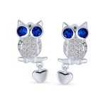 Wise Graduate Owl Stud Earrings Blue Eye Cubic Zirconia CZ with Heart Charm Sterling Silver - Image 2