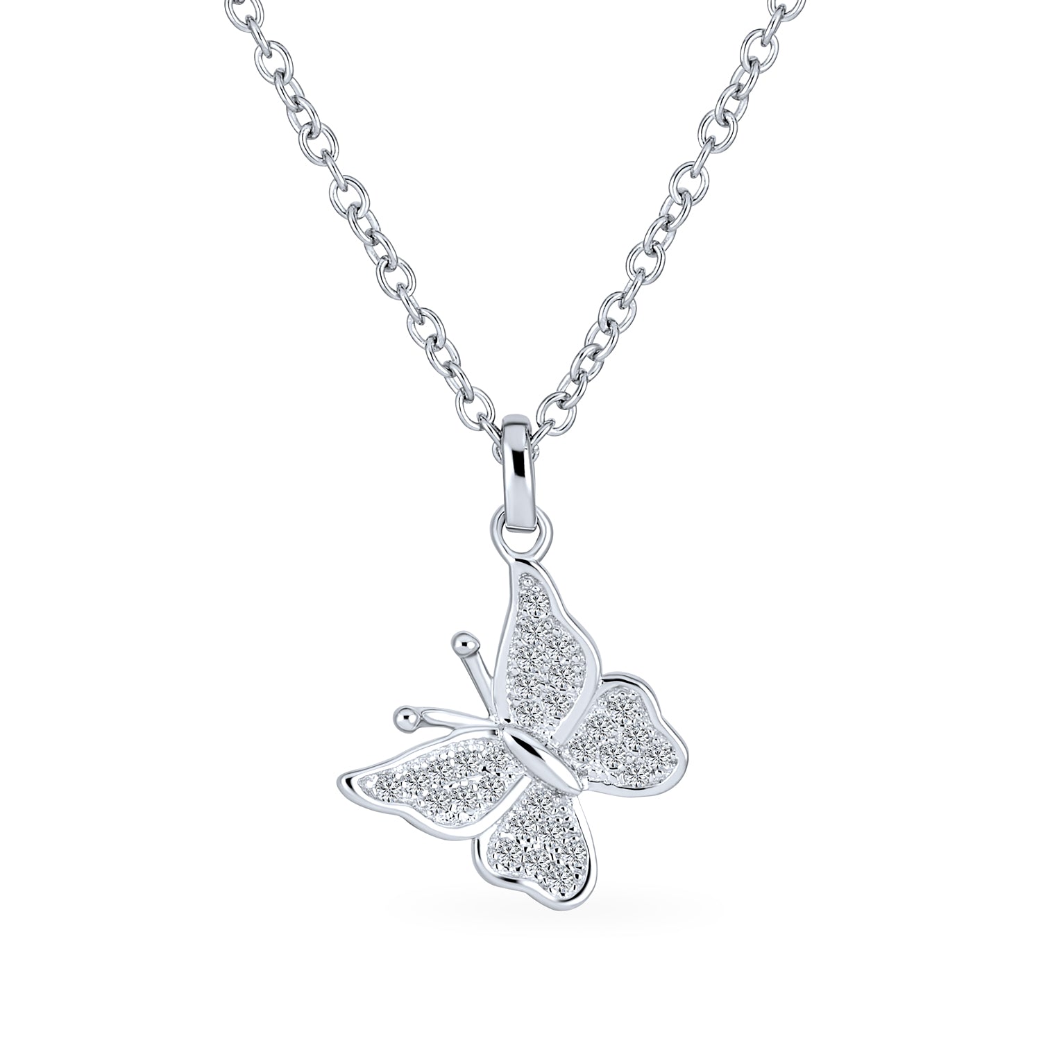silver-pave-butterfly-pendant-necklace-sterling-cz_byj-gp010501a5_1 Mini Petite Micro Pave CZ Garden Butterfly Pendant Necklace Sterling Silver - Image 1