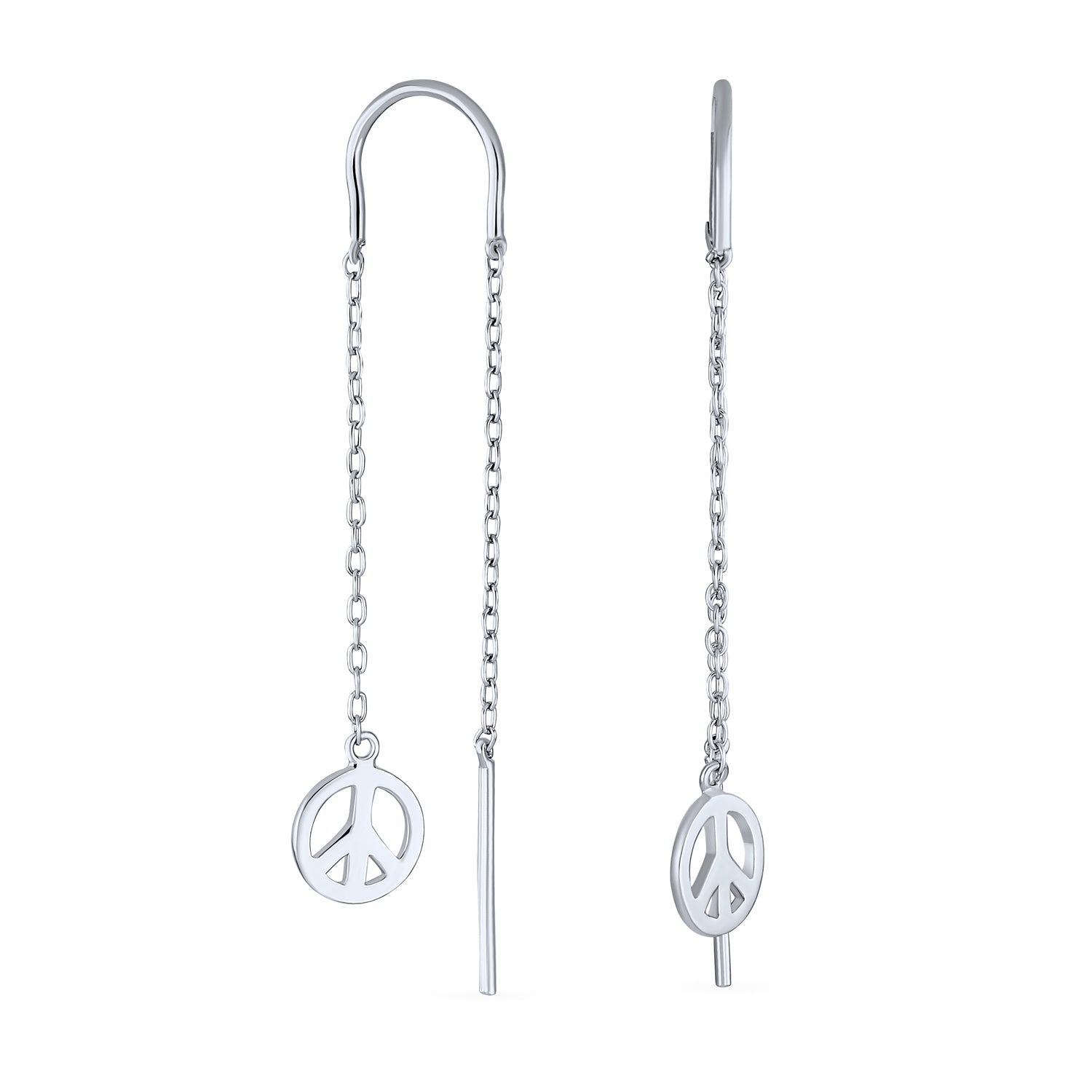 silver-peace-sign-dangle-chain-threader-earrings-pfs-12-6173_1 Tiny World Peace Sign Dangle Earrings Lightweight Long Chain Threader Silver - Image 1