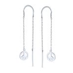 Tiny World Peace Sign Dangle Earrings Lightweight Long Chain Threader Silver - Image 2