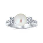 Traditional 8MM Solitaire White Cultured Pearl Statement Ring Pave CZ Side Stones Band - Image 2