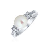 Traditional 8MM Solitaire White Cultured Pearl Statement Ring Pave CZ Side Stones Band