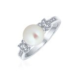 Traditional 8MM Solitaire White Cultured Pearl Statement Ring Pave CZ Side Stones Band