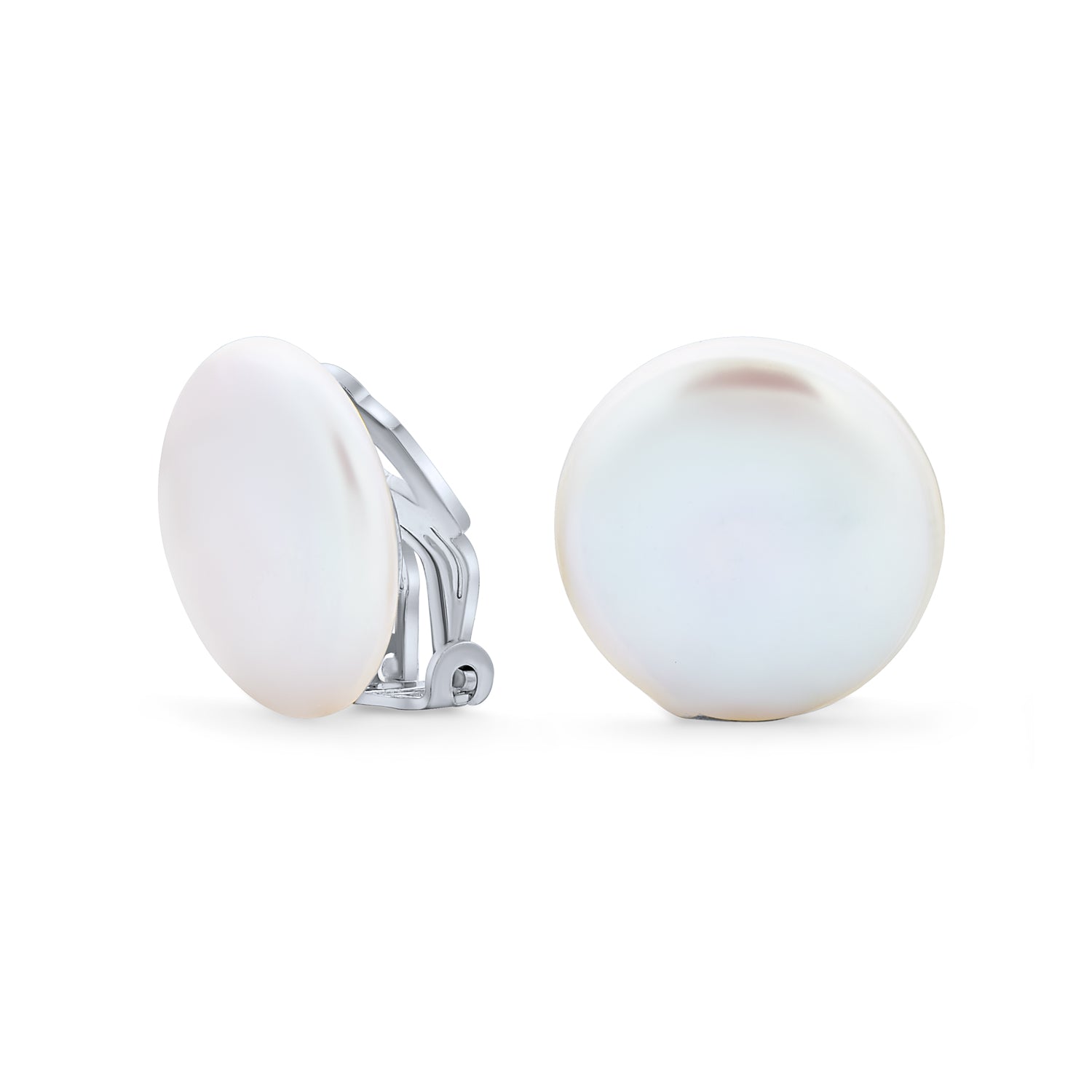 silver-pearl-oyster-clip-on-earrings-yp-f1805_1 Bridal White Biwa Coin Pearl Clip-On Earrings Non-Pierced - Image 1