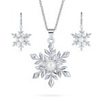 Holiday Pendant Necklace & Pearl Snowflake Earrings Jewelry Set Silver Plated